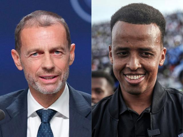(COMBO) This combination of files pictures created on June 11, 2026 shows UEFA president Aleksander Ceferin addressing a press conference at the 50th UEFA Ordinary Congress in Brussels on February 12, 2026 and Somali international referee Omar Abdulkadir Artan reacting as he is welcomed by supporters ahead of a solidarity football match after returning to Somalia in Mogadishu on June 10, 2026. Somali referee Omar Artan, who was turned away from the United States on June 6, 2026 where he was due to officiate at the 2026 World Cup, will take charge of the UEFA Super Cup on 12 August between PSG and Aston Villa, UEFA announced on June 11, 2026. (Photo by Pau BARRENA and Hassan Ali Elmi / AFP)