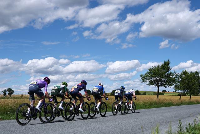 Team Jayco AlUla's German rider Felix Engelhardt, Caja Rural-Seguros RGA's Spanish rider Julen Arriola-Bengoa Beitia, Team Picnic PostNL's Belgian rider Robbe Dhondt, Alpecin-Premier Tech's Canadian rider Hugo Houle, Soudal Quick-Step's Dutch rider Pepijn Reinderink and TotalEnergies's French rider Thibault Guernalec cycle in a breakaway during the 5th stage of the Tour Auvergne-Rhone-Alpes cycling race (formerly known as the Criterium du Dauphine), 195,8km between Saint-Chamond and Villars-les-Dombes, central France, on June 11, 2026. (Photo by Anne-Christine POUJOULAT / AFP)
