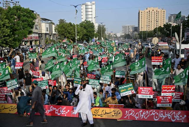Activists of the Pakistan Markazi Muslim League (PMML) protest against inflation and rising fuel prices in Karachi on June 11, 2026. (Photo by Rizwan TABASSUM / AFP)