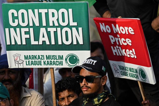 Activists of the Pakistan Markazi Muslim League (PMML) protest against inflation and rising fuel prices in Karachi on June 11, 2026. (Photo by Rizwan TABASSUM / AFP)