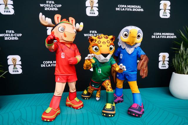 The official competition mascots (from L) Maple the Moose of Canada, Zayu the Jaguar of Mexico) and Clutch the Bald Eagle of the US pose ahead of the 2026 World Cup Group A football match between Mexico and South Africa at the Mexico City Stadium in Mexico City on June 11, 2026. (Photo by Rodrigo Oropeza / AFP)