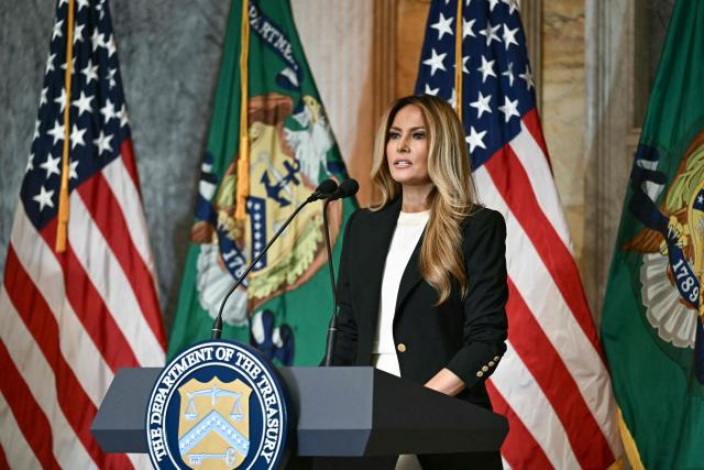US First Lady Melania Trump speaks during an event to launch "Fostering the Future Accounts," a new financial vehicle for youth in foster care, at the Treasury Building in Washington, DC, on June 11, 2026. (Photo by Brendan SMIALOWSKI / AFP)