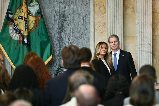 (L/R) US First Lady Melania Trump and Treasury Secretary Scott Bessent attend an event to launch "Fostering the Future Accounts," a new financial vehicle for youth in foster care, at the Treasury Building in Washington, DC, on June 11, 2026. (Photo by Brendan SMIALOWSKI / AFP)