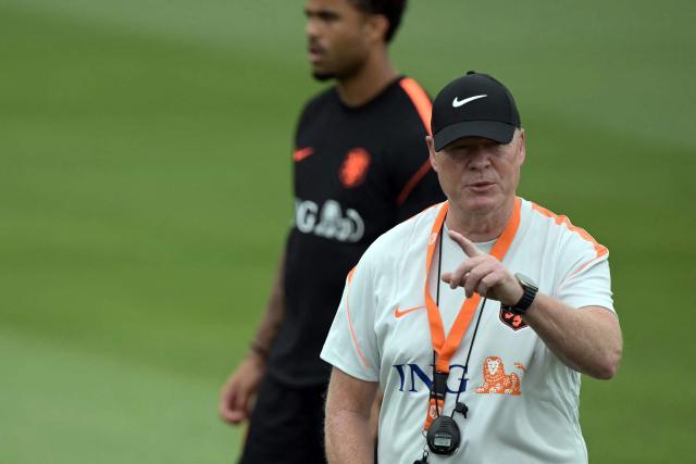 Netherlands' head coach Ronald Koeman gestures during a training session during the 2026 World Cup football tournament at KC Current Training Facility in Kansas City on June 11, 2026. (Photo by JUAN MABROMATA / AFP)