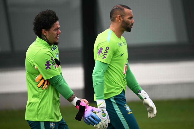 Brazil's goalkeeper #23 Ederson (L) and Brazil's goalkeeper #12 Weverton take part in a training session during the 2026 World Cup football tournament at Columbia Park Training Facility in Morristown, New Jersey, on June 11, 2026. (Photo by MAURO PIMENTEL / AFP)