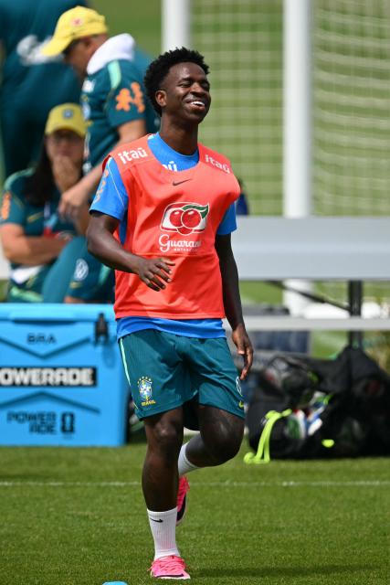 Brazil's forward #07 Vinicius Junior reacts a training session during the 2026 World Cup football tournament at Columbia Park Training Facility in Morristown, New Jersey, on June 11, 2026. (Photo by MAURO PIMENTEL / AFP)