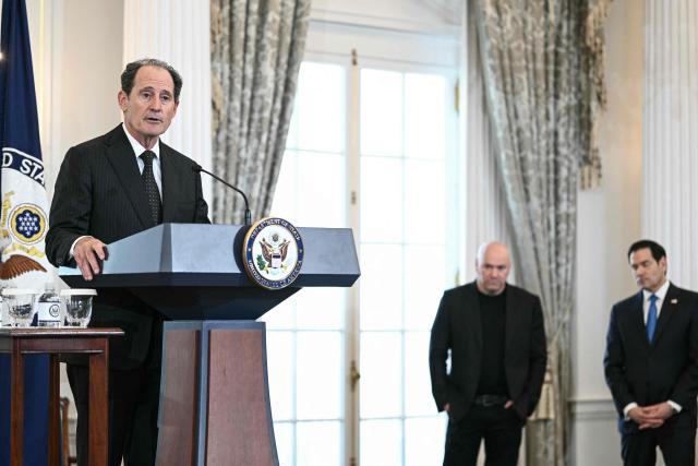 (L/R) UFC Chief Operating Officer Ike Lawrence Epstein speaks as UFC President and CEO Dana White and US Secretary of State Marco Rubio look on during a Memorandum of Understanding signing ceremony at the State Department in Washington, DC, on June 11, 2026. According to the State Department, the new partnership aims to "enhance sports diplomacy initiatives and collaborate on the global growth of mixed martial arts." (Photo by Brendan SMIALOWSKI / AFP)