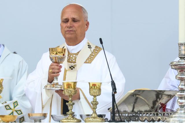 Pope Leo XIV leads a Holy mass at the Gran Canaria Stadium in Las Palmas on the Canary Island of Gran Canaria on June 11, 2026. Pope Leo XIV is visiting Spain June 6-12 with stops in Madrid, Barcelona, and the Canary Islands, where he will meet with migrants and organisations dedicated to helping them. (Photo by Pierre-Philippe MARCOU / AFP)