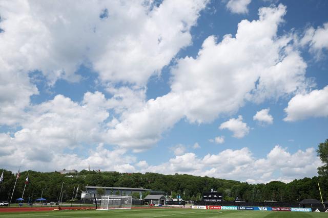 A general view of the training pitch ahead of a training session of the France team during the 2026 World Cup football tournament at Bentley University in Waltham, Boston on June 11, 2026. (Photo by FRANCK FIFE / AFP)