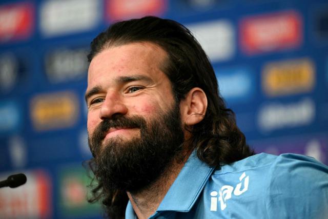Brazil's goalkeeper Alisson smiles as he gives a press conference during the 2026 World Cup football tournament at The Ridge hotel in Basking Ridge, New Jersey on June 11, 2026. (Photo by MAURO PIMENTEL / AFP)