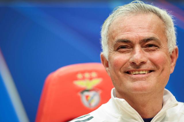 (FILES) Benficas coach Jose Mourinho reacts during a press conference on the eve of their UEFA Champions League knockout round play-off first leg football match against Real Madrid at Benfica Campus in Seixal, outskirts of Lisbon, on February 16, 2026. Real Madrid officially announced on June 11, 2026, the return of Portuguese coach JosE Mourinho, thirteen years after he left the club, this time on a three-season deal running until 2029. His signing had been considered a done deal for days, after Florentino Perez was re-elected as Real Madrid's president (Photo by PATRICIA DE MELO MOREIRA / AFP)