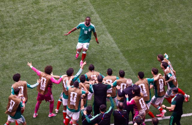 Mexico's forward #16 Julian Quinones celebrates scoring the opening goal during the 2026 World Cup Group A football match between Mexico and South Africa at the Mexico City Stadium in Mexico City on June 11, 2026. (Photo by Rodrigo OROPEZA / AFP)