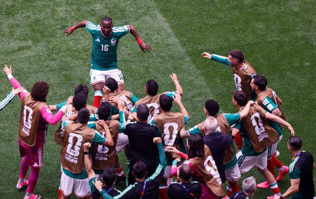 Mexico's forward #16 Julian Quinones celebrates scoring his team's first goal during the 2026 World Cup Group A football match between Mexico and South Africa at the Mexico City Stadium in Mexico City on June 11, 2026. (Photo by Rodrigo OROPEZA / AFP)