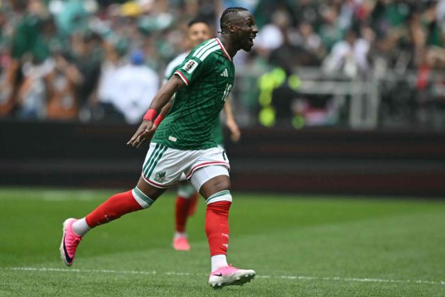 Mexico's forward #16 Julian Quinones celebrates scoring his team's first goal during the 2026 World Cup Group A football match between Mexico and South Africa at the Mexico City Stadium in Mexico City on June 11, 2026. (Photo by CARL DE SOUZA / AFP)