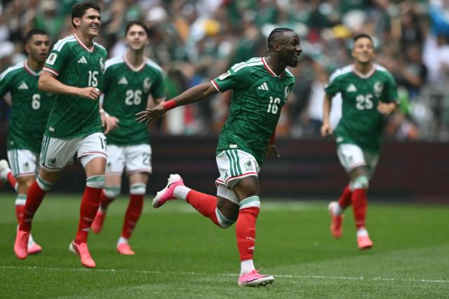 Mexico's forward #16 Julian Quinones celebrates scoring his team's first goal during the 2026 World Cup Group A football match between Mexico and South Africa at the Mexico City Stadium in Mexico City on June 11, 2026. (Photo by CARL DE SOUZA / AFP)