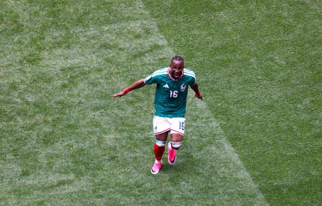 Mexico's forward #16 Julian Quinones celebrates scoring his team's first goal during the 2026 World Cup Group A football match between Mexico and South Africa at the Mexico City Stadium in Mexico City on June 11, 2026. (Photo by Rodrigo OROPEZA / AFP)