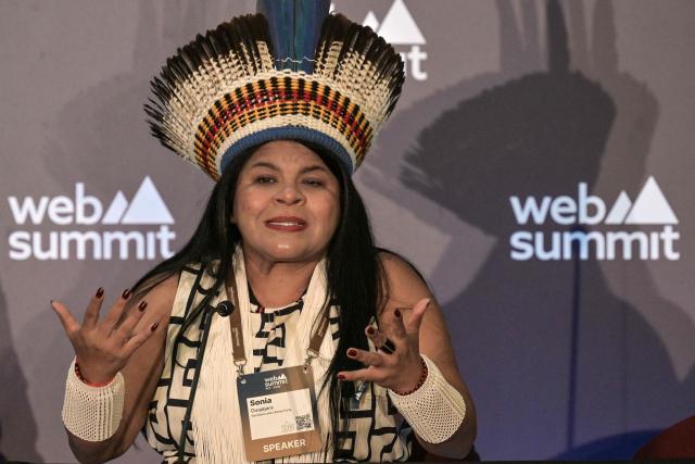 Brazil's Indigenous leader and federal deputy Sonia Guajajara speaks on the last day of the Web Summit Rio at the Riocentro Expo Center in Rio de Janeiro, Brazil, on June 11, 2026. The Web Summit Rio brings together key figures in the technology and innovation sectors, alongside industry executives. (Photo by Nelson ALMEIDA / AFP)