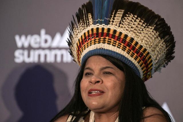 Brazil's Indigenous leader and federal deputy Sonia Guajajara speaks on the last day of the Web Summit Rio at the Riocentro Expo Center in Rio de Janeiro, Brazil, on June 11, 2026. The Web Summit Rio brings together key figures in the technology and innovation sectors, alongside industry executives. (Photo by Nelson ALMEIDA / AFP)