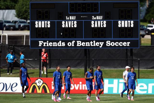 France players arrive to take part in a training session during the 2026 World Cup football tournament at Bentley University in Waltham, Boston on June 11, 2026. (Photo by FRANCK FIFE / AFP)