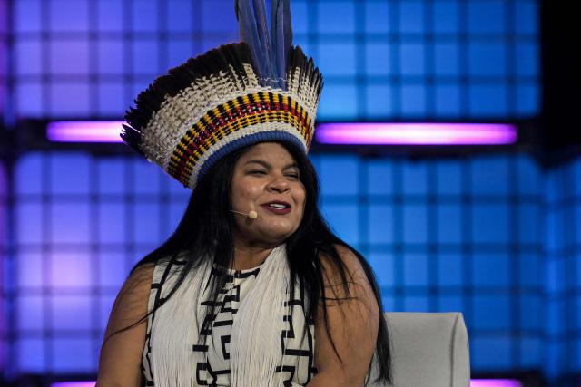 Brazil's Indigenous leader and federal deputy Sonia Guajajara speaks on the last day of the Web Summit Rio at the Riocentro Expo Center in Rio de Janeiro, Brazil, on June 11, 2026. The Web Summit Rio brings together key figures from the technology and innovation sectors, along with industry executives. (Photo by Nelson ALMEIDA / AFP)