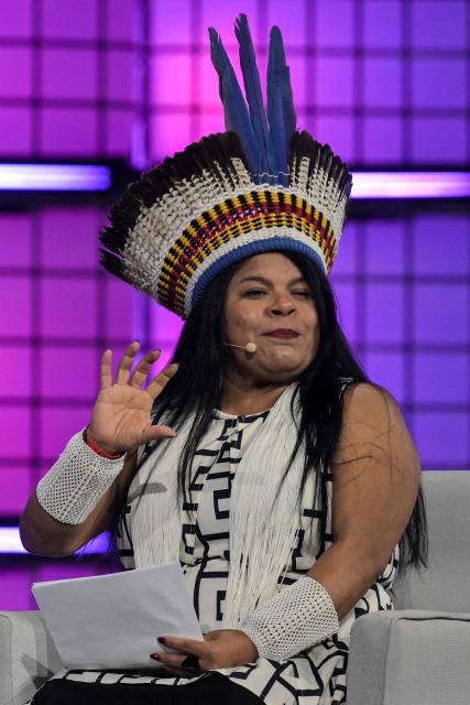 Brazil's Indigenous leader and federal deputy Sonia Guajajara speaks on the last day of the Web Summit Rio at the Riocentro Expo Center in Rio de Janeiro, Brazil, on June 11, 2026. The Web Summit Rio brings together key figures from the technology and innovation sectors, along with industry executives. (Photo by Nelson ALMEIDA / AFP)