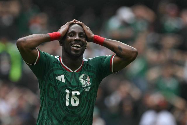 Mexico's forward #16 Julian Quinones reacts to a missed chance during the 2026 World Cup Group A football match between Mexico and South Africa at the Mexico City Stadium in Mexico City on June 11, 2026. (Photo by Yuri CORTEZ / AFP)