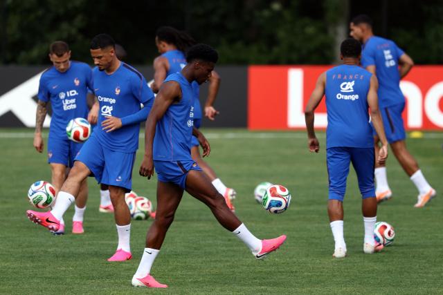 France's midfielder #08 Aurelien Tchouameni takes part in a training session during the 2026 World Cup football tournament at Bentley University in Waltham, Boston on June 11, 2026. (Photo by FRANCK FIFE / AFP)