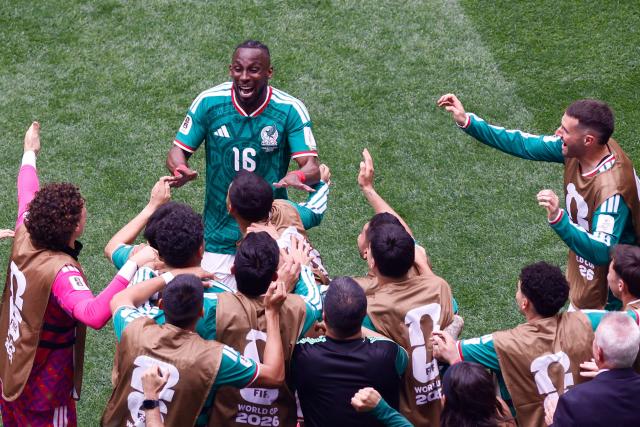 Mexico's forward #16 Julian Quinones celebrates scoring his team's first goal during the 2026 World Cup Group A football match between Mexico and South Africa at the Mexico City Stadium in Mexico City on June 11, 2026. (Photo by Rodrigo OROPEZA / AFP)