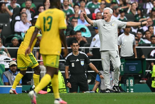 South Africa's Belgian head coach Hugo Broos gestures during the 2026 World Cup Group A football match between Mexico and South Africa at the Mexico City Stadium in Mexico City on June 11, 2026. (Photo by Yuri CORTEZ / AFP)