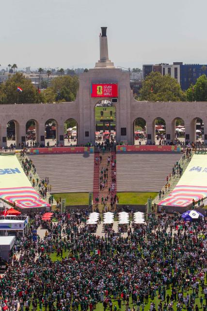 A general view shows the LA Memorial Coliseum as fans arrive for the FIFA Fan Festival to watch the match between Mexico and South Africa on opening day of the 2026 World Cup football tournament at in Los Angeles on June 11, 2026. Mexico and South Africa are opening the 2026 World Cup football tournament Group A, in Mexico City. (Photo by Apu GOMES / AFP)
