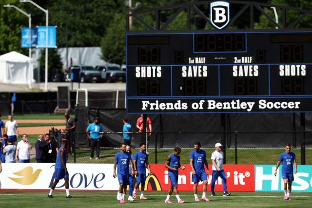 France players arrive to take part in a training session during the 2026 World Cup football tournament at Bentley University in Waltham, Boston on June 11, 2026. (Photo by FRANCK FIFE / AFP)