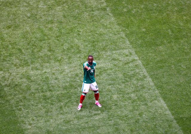 Mexico's forward #16 Julian Quinones celebrates scoring his team's first goal during the 2026 World Cup Group A football match between Mexico and South Africa at the Mexico City Stadium in Mexico City on June 11, 2026. (Photo by Rodrigo OROPEZA / AFP)