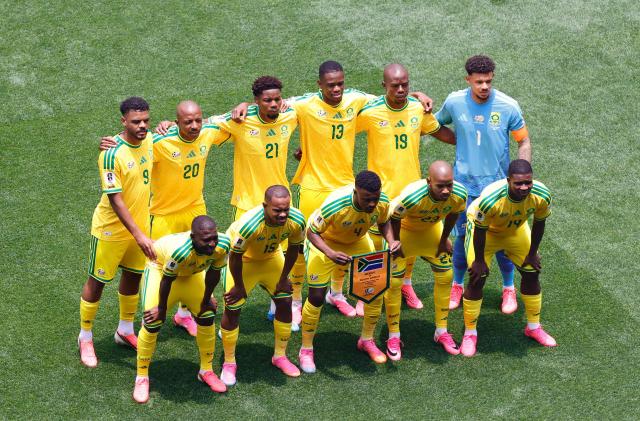 South Africa's players pose for the official team photo ahead of the 2026 World Cup Group A football match between Mexico and South Africa at the Mexico City Stadium in Mexico City on June 11, 2026. (Photo by Rodrigo OROPEZA / AFP)