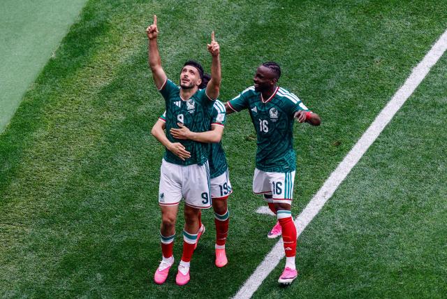 Mexico's forward #09 Raul Jimenez celebrates scoring his team's second goal during the 2026 World Cup Group A football match between Mexico and South Africa at the Mexico City Stadium in Mexico City on June 11, 2026. (Photo by Rodrigo OROPEZA / AFP)