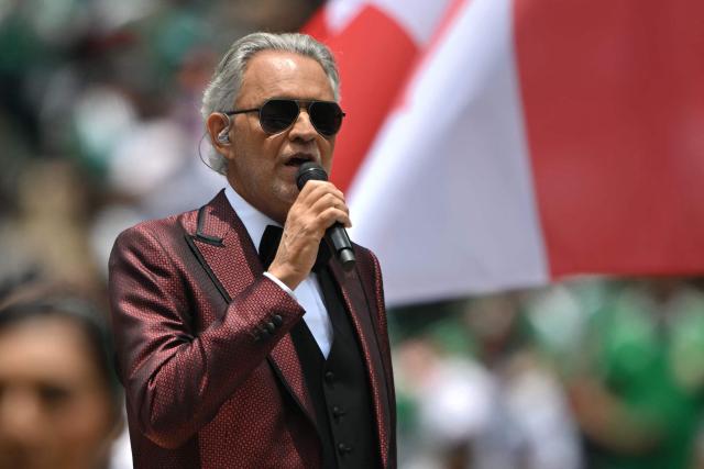 Italian singer Andrea Bocelli performs during the opening ceremony ahead of the 2026 World Cup Group A football match between Mexico and South Africa at the Mexico City Stadium in Mexico City on June 11, 2026. (Photo by CARL DE SOUZA / AFP)