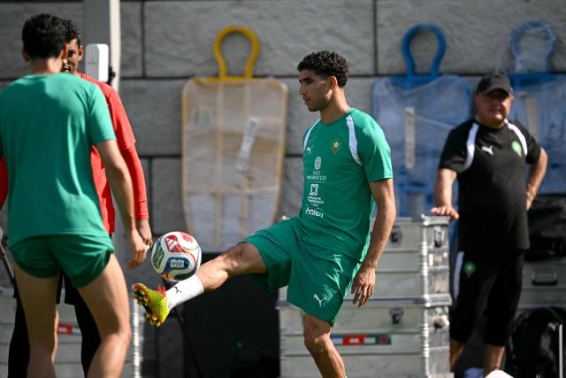 Morocco's defender Achraf Hakimi controls the ball during a training session for the 2026 World Cup football tournament at the Pingry School in Basking Ridge, New Jersey, on June 11, 2026. (Photo by MAURO PIMENTEL / AFP)