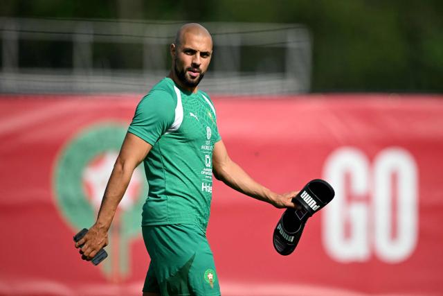 Morocco's midfielder Sofyan Amrabat takes part in a training session for the 2026 World Cup football tournament at the Pingry School in Basking Ridge, New Jersey, on June 11, 2026. (Photo by MAURO PIMENTEL / AFP)
