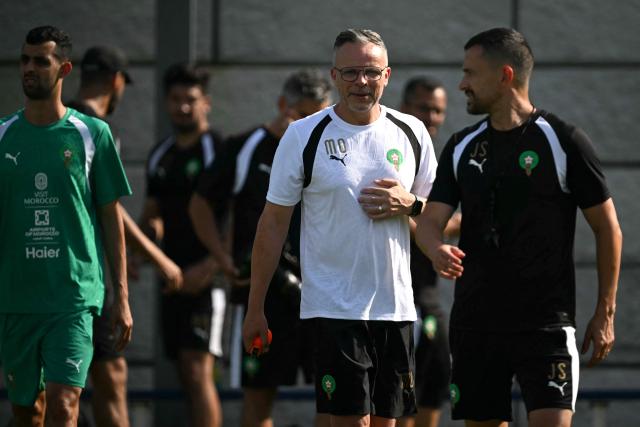 Morocco's head coach Mohamed Ouahbi gestures during a training session for the 2026 World Cup football tournament at the Pingry School in Basking Ridge, New Jersey, on June 11, 2026. (Photo by MAURO PIMENTEL / AFP)