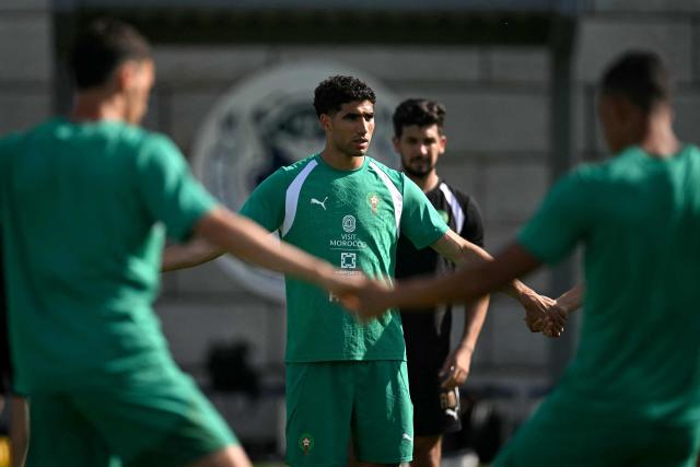 Morocco's defender Achraf Hakimi takes part in a training session during the 2026 World Cup football tournament at the Pingry School in Basking Ridge, New Jersey, on June 11, 2026. (Photo by MAURO PIMENTEL / AFP)