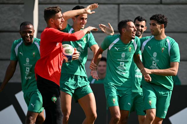 Morocco's players take part in a training session during the 2026 World Cup football tournament at the Pingry School in Basking Ridge, New Jersey, on June 11, 2026. (Photo by MAURO PIMENTEL / AFP)
