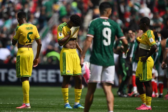 South Africa's players react after losing the 2026 World Cup Group A football match between Mexico and South Africa at the Mexico City Stadium in Mexico City on June 11, 2026. (Photo by CARL DE SOUZA / AFP)