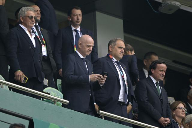 (L to R) Italian former football player Roberto Baggio, FIFA President Gianni Infantino, CONCACAF president Victor Montagliani and the President of the Mexican Football Federation Mikel Arriola are pictured ahead of the 2026 World Cup Group A football match between Mexico and South Africa at the Mexico City Stadium in Mexico City on June 11, 2026. (Photo by Alfredo ESTRELLA / AFP)