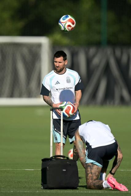 Argentina's forward Lionel Messi takes part in a training session for the 2026 World Cup football tournament at Sporting KC Training Centre in Kansas City on June 11, 2026. (Photo by JUAN MABROMATA / AFP)