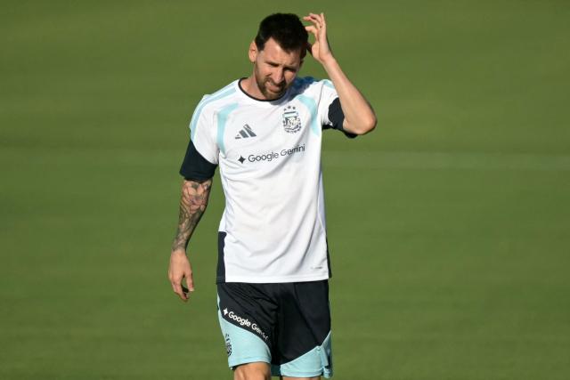 Argentina's forward Lionel Messi gestures during a training session for the 2026 World Cup football tournament at Sporting KC Training Centre in Kansas City on June 11, 2026. (Photo by JUAN MABROMATA / AFP)
