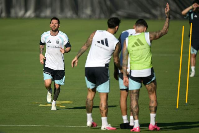Argentina's forward Lionel Messi gestures during a training session for the 2026 World Cup football tournament at Sporting KC Training Centre in Kansas City on June 11, 2026. (Photo by JUAN MABROMATA / AFP)