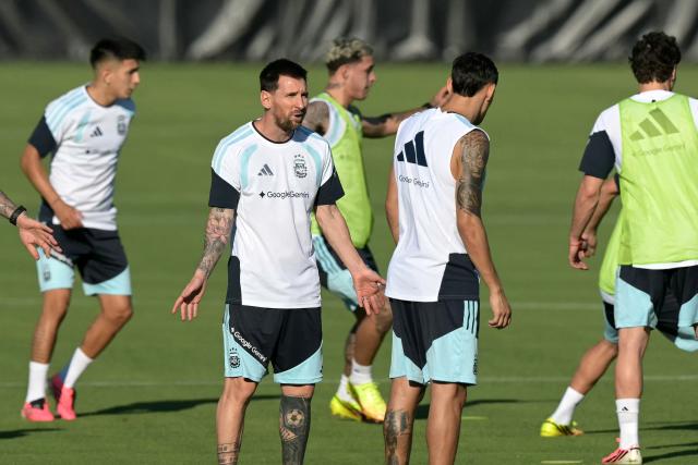 Argentina's forward Lionel Messi gestures during a training session for the 2026 World Cup football tournament at Sporting KC Training Centre in Kansas City on June 11, 2026. (Photo by JUAN MABROMATA / AFP)