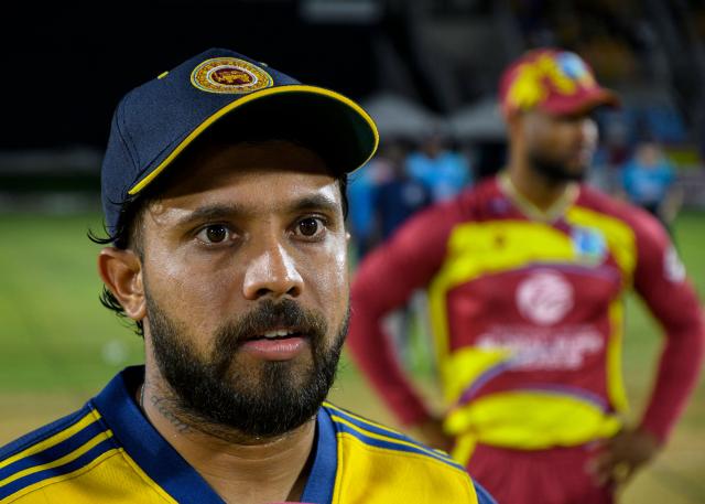 Kusal Mendis of Sri Lanka speaks after the coin toss during the first Twenty20 (T20) international cricket match between West Indies and Sri Lanka at Sabina Park in Kingston, Jamaica, on June 11, 2026. (Photo by Randy Brooks / AFP)