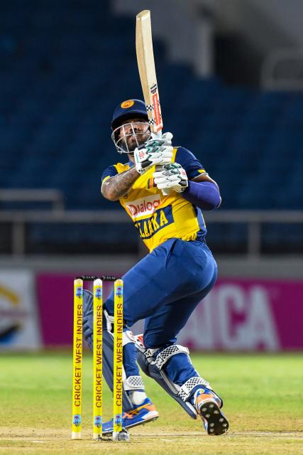 Kusal Mendis of Sri Lanka hits 6 during the first Twenty20 (T20) international cricket match between West Indies and Sri Lanka at Sabina Park in Kingston, Jamaica, on June 11, 2026. (Photo by Randy Brooks / AFP)