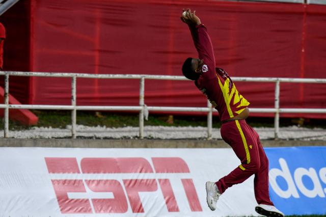 Shimron Hetmyer of West Indies takes the catch to dismiss unseen Pavan Rathnayake of Sri Lanka during the first Twenty20 (T20) international cricket match between West Indies and Sri Lanka at Sabina Park in Kingston, Jamaica, on June 11, 2026. (Photo by Randy Brooks / AFP)