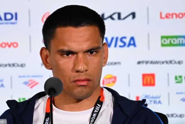 Paraguay's midfielder Diego Gomez gives a press conference at Los Angeles Stadium in Inglewood on June 11, 2026, on the eve of the 2026 World Cup football match between USA and Paraguay. (Photo by Patrick T. Fallon / AFP)